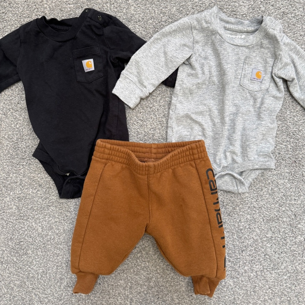 Carhartt Baby Bodysuits and Sweatpants Set - Black, Gray, Brown 3m
